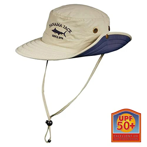 Barret de pesca Panama Jack Boonie - Lleuger, empaquetable, UPF (SPF) 50+ protecció solar, 3" Floating Brim (Khaki/Navy, X-Large)