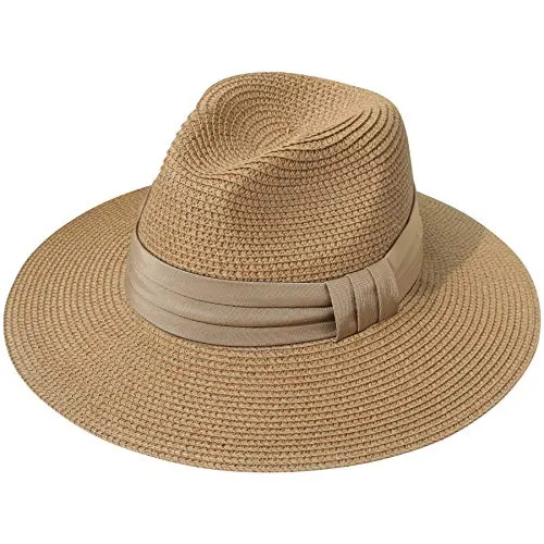 Barret enrotllable de palla de Panamà per a dona de Lanzom Gorro de sol Fedora UPF50+ (B-marró)