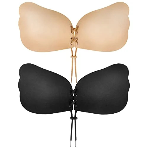 Malagkit na Bra, Backless Strapless Bra Push Up, Adhesive Invisible Lift Up Bras 2 Pares Itim/Beige