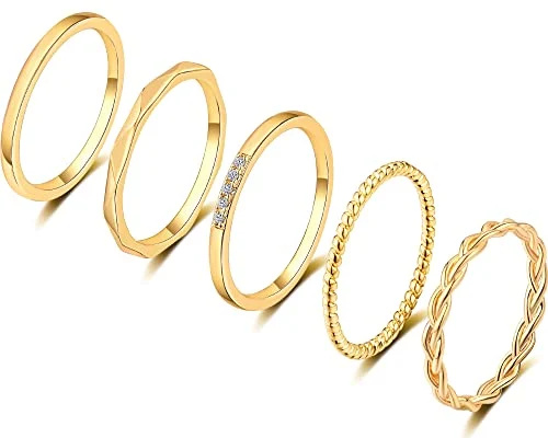   ZOERAY 5 pcs anells d'apilament d'or xapat en or de 14 quilates per a dones Anells d'artilleria farcits Anells de banda llisos de moda de plata fina Talla 5 a 9
