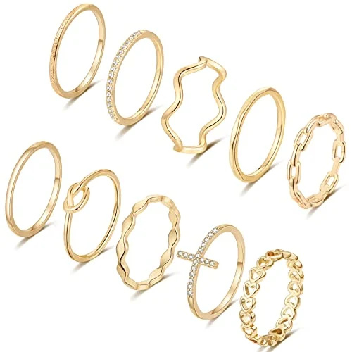  ZOERAY 10 anells d'apilament xapats en or de 14 quilates per a dones Anells de banda de nudi apilables amb polze Conjunt d'anells de plata daurada per a nenes adolescents Anells de dit midi llis i prims de mida 5 a 9