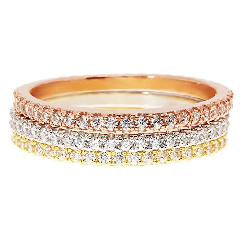   PAVOI Bandes d'eternitat d'anell apilable de diamants simulats de plata de llei xapada en or de 14 quilates per a dones (conjunt xapat, 5)