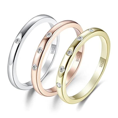   JewelryPalace Conjunt d'anells d'or rosa groc de 14 quilates de plata de llei 925, anells apilables de zirconia cúbica de 3 i 5 pedres per a dones, anell de promesa d'anells de casament d'eternitat d'aniversari tricolor per a la seva talla 7