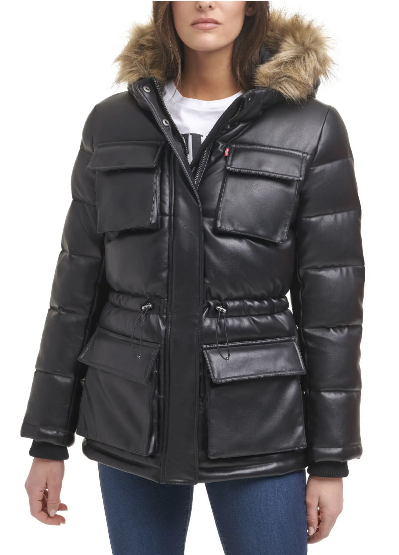 Леви's Storm Water Resistant Faux Leather Parka with Removable Faux Fur Trim