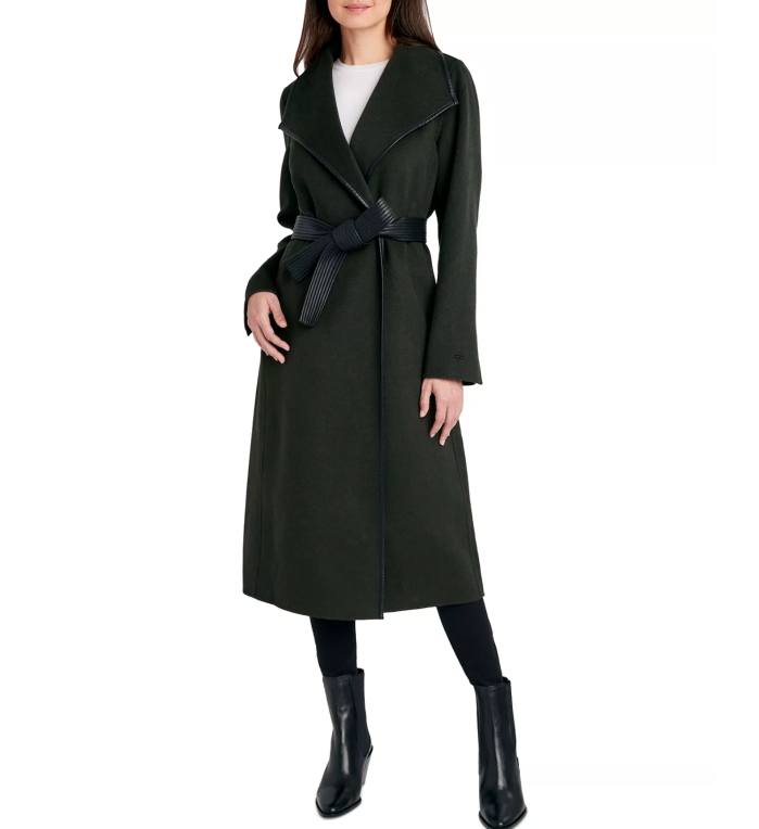 Tahari Femmes's Faux-Leather-Trim Belted Wrap Coat