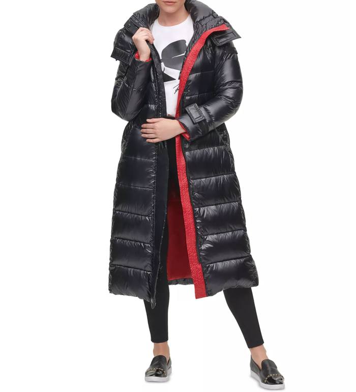 Karl Lagerfeld Paris Femme's Belted Hooded Down Puffer Coat