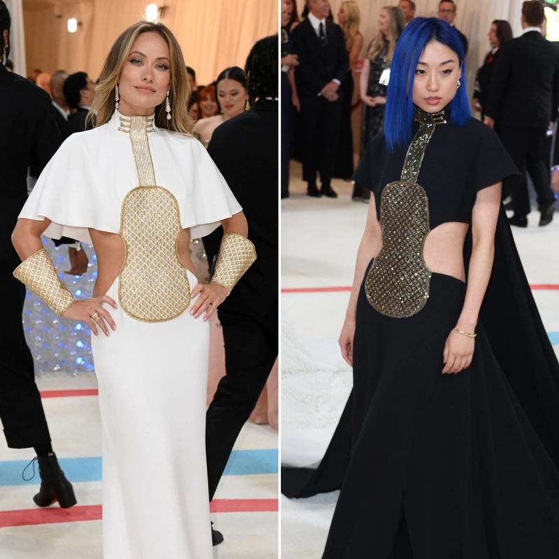 Olivia Wilde 和 Margaret Zhang 在 2023 年 Met Gala 上穿着不同颜色的同款连衣裙
